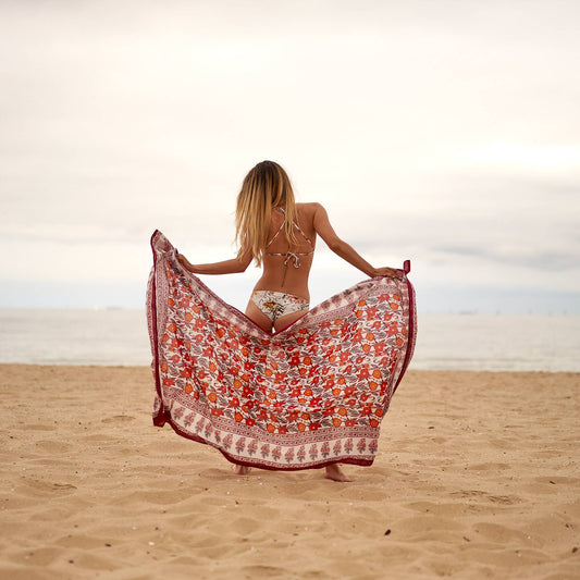 Block Print Cotton Sarong - Maroon Print