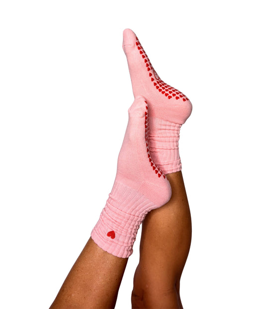 GSOXS Loved Up Scrunch Crew Grip Socks - Pink/Red Heart