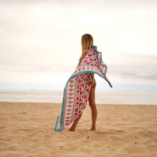 Block Print Cotton Sarong - Orange Flower Print