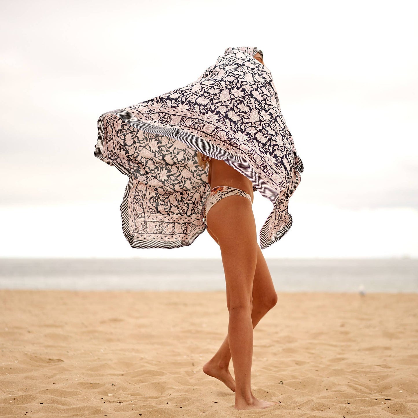 Block Print Cotton Sarong - Black & White Floral