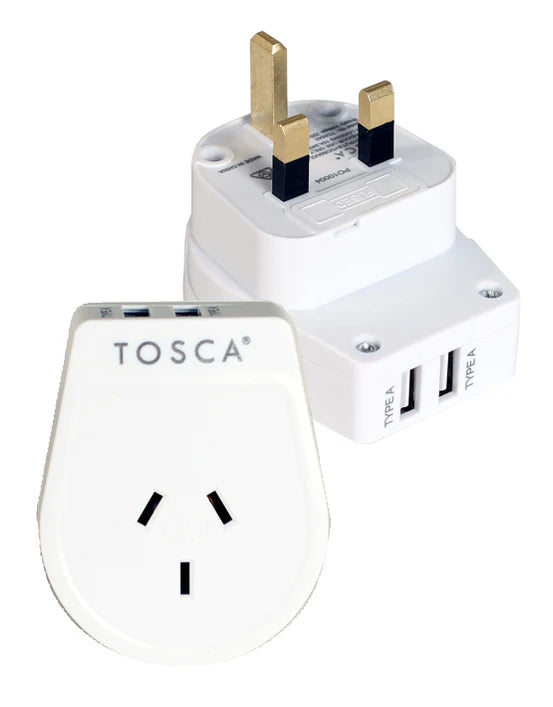 Tosca Travel Adapter with 2 USB Type-A Ports For UK & Hong Kong