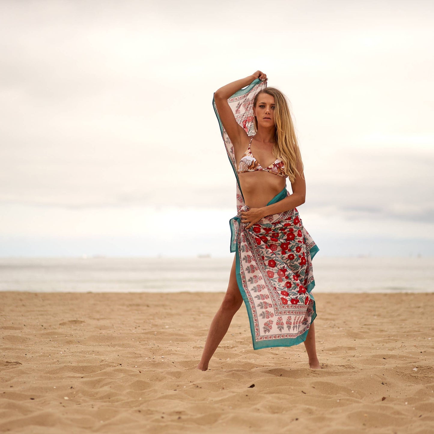 Block Print Cotton Sarong - Orange Flower Print