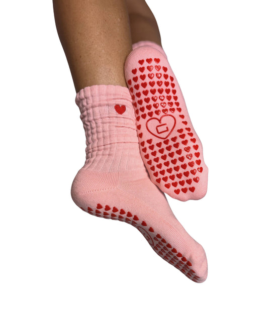 GSOXS Loved Up Scrunch Crew Grip Socks - Pink/Red Heart