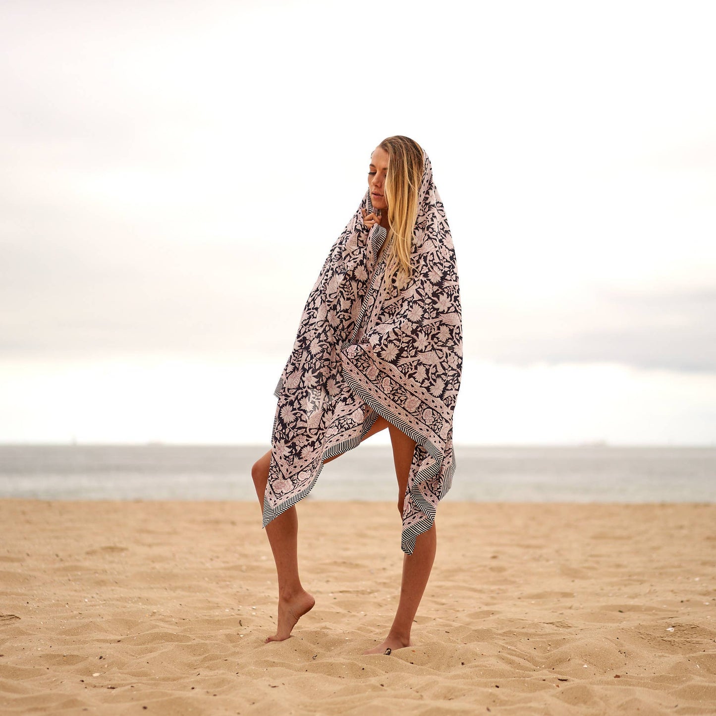 Block Print Cotton Sarong - Black & White Floral