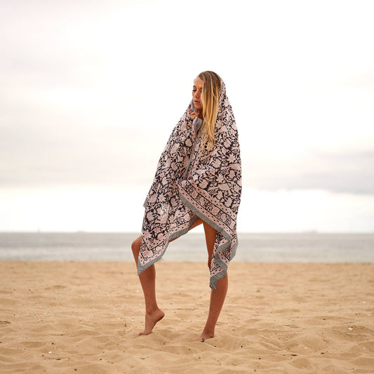 Block Print Cotton Sarong - Black & White Floral
