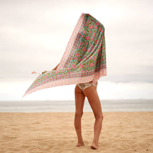 Block Print Cotton Sarong - Pink Floral