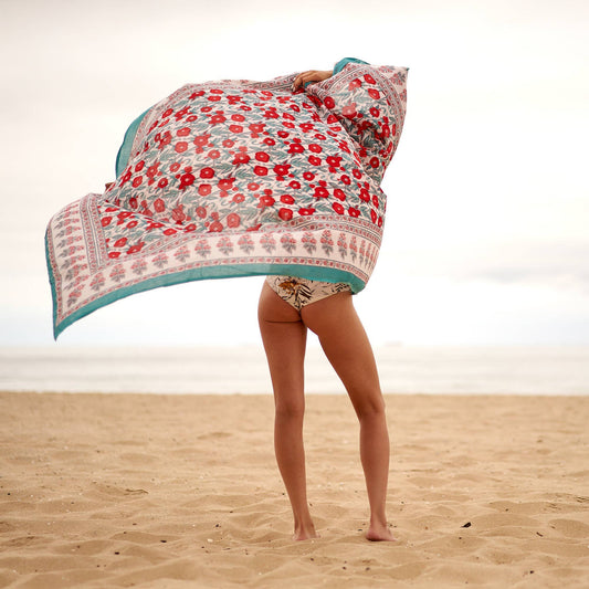 Block Print Cotton Sarong - Orange Flower Print